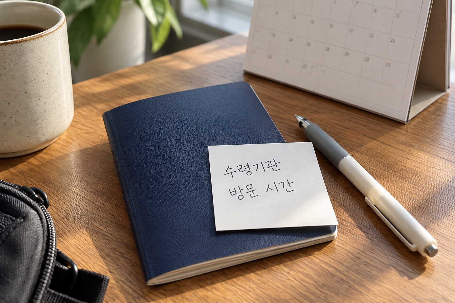 여권 수첩 위에 수령기관과 방문 시간을 적은 메모