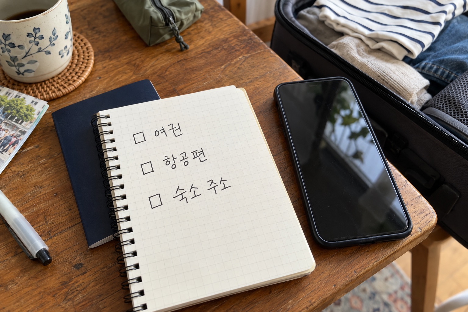 여행 서류 수첩과 캐리어를 함께 놓고 출발을 준비하는 모습